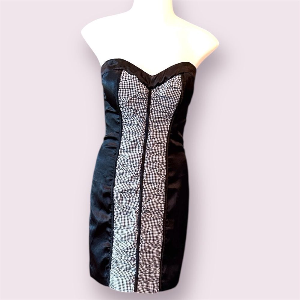 2B BEBE Y2K Inspired Strapless Satin & Gingham Corset-Style Boning Mini Dress